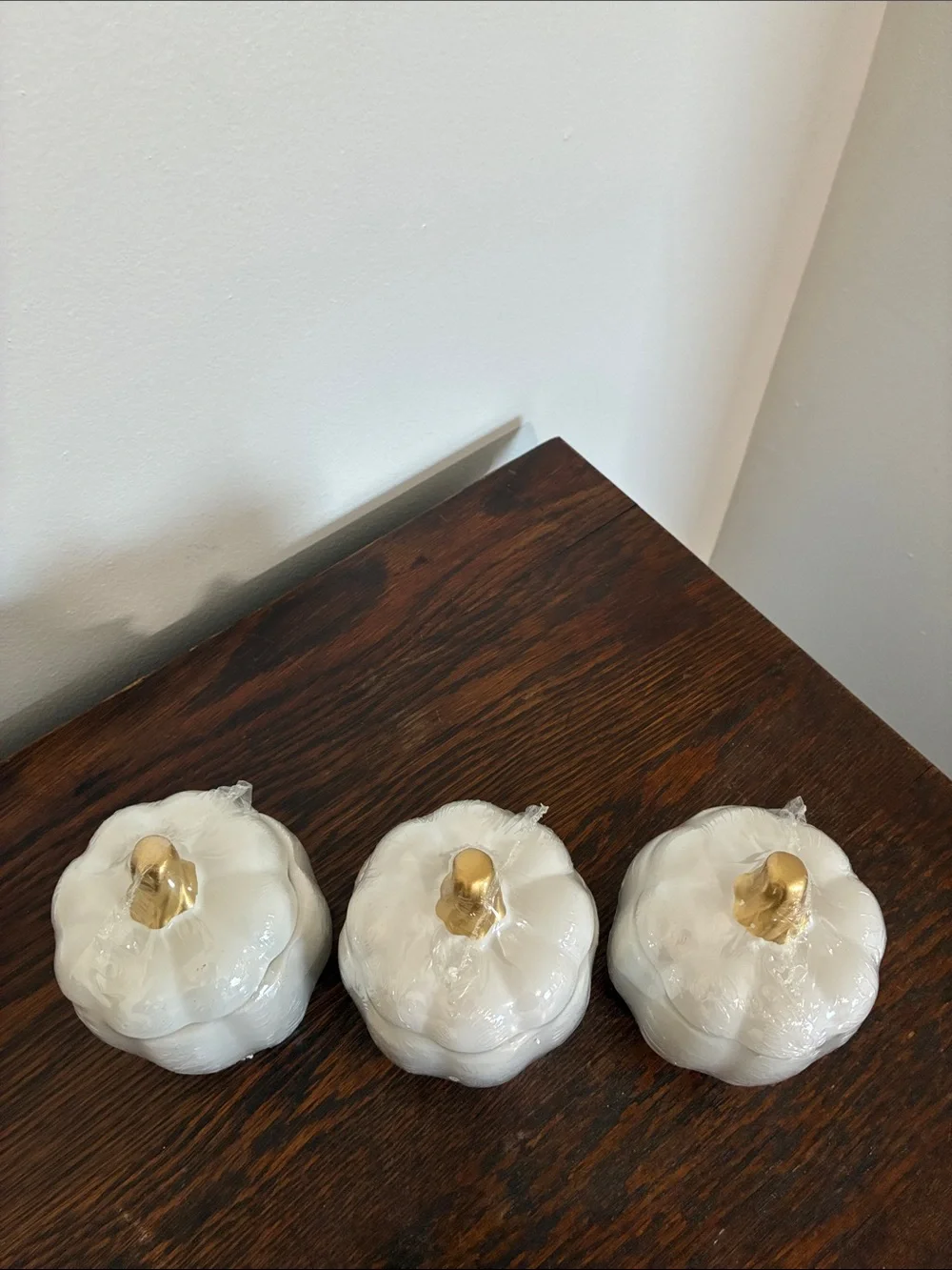 NWT- Set of 3- White Ceramic Pumpkin Jars with Lid & Gold Stems